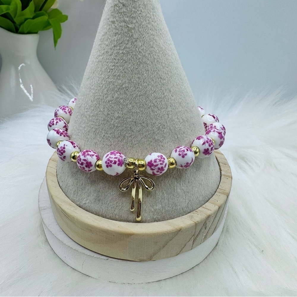 Pink Chinese-Style Ceramic Floral Beaded Stretch Bracelet w/ Bow Charm